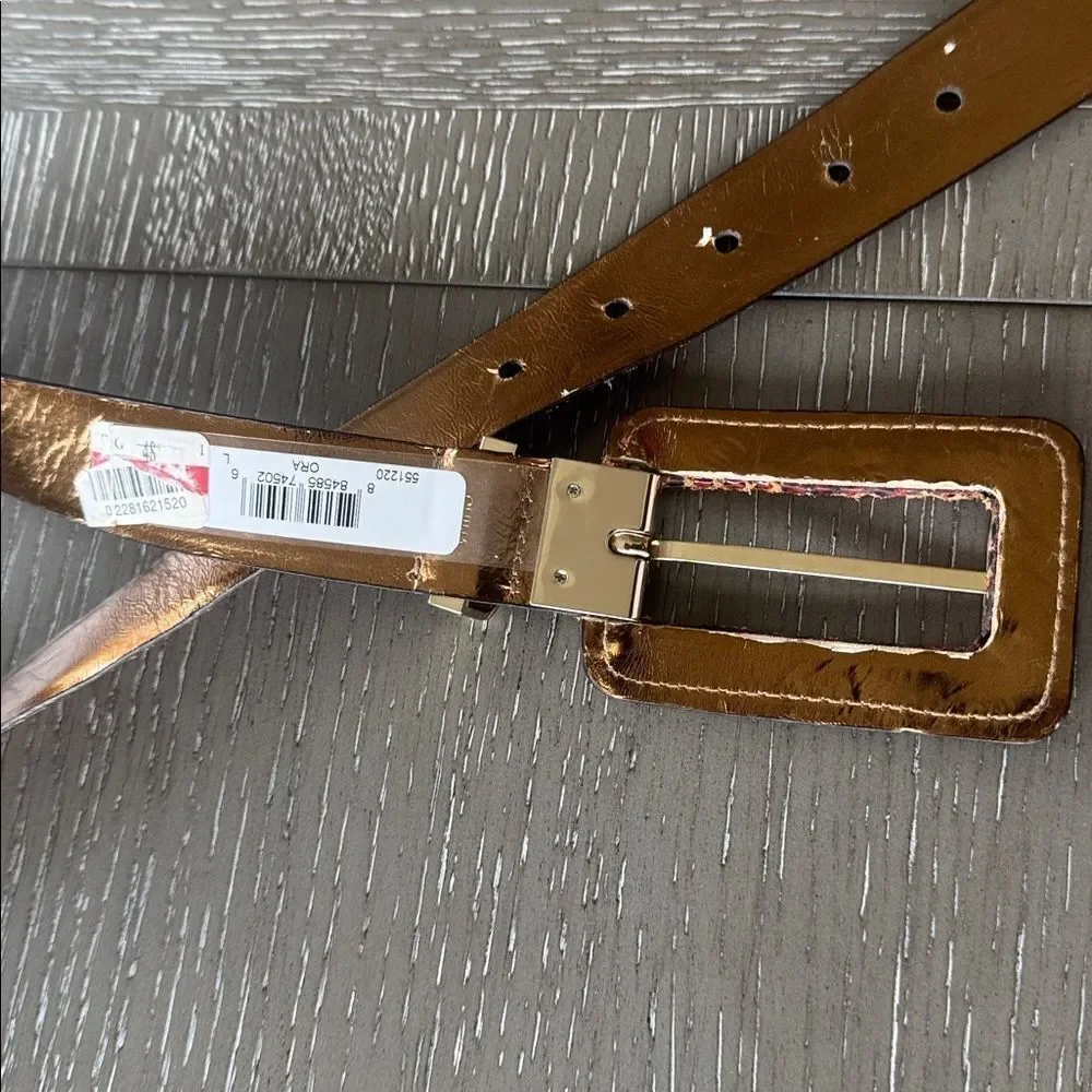 Michael Kors Brown Orange Leather Belt with Gold Tone Buckle Snake Print Size L